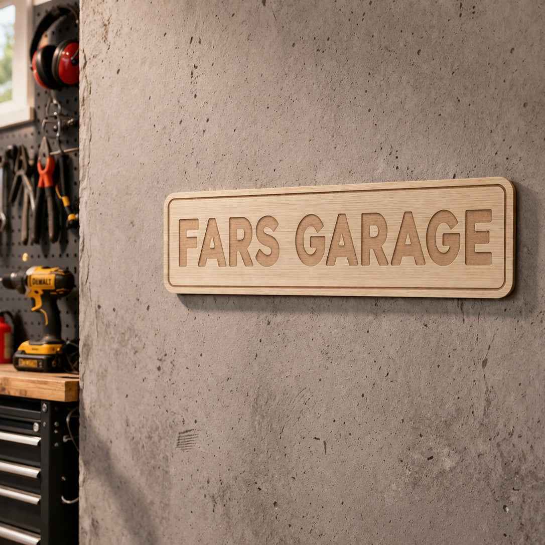 Fars garage Personligt træskilt Fineret eg